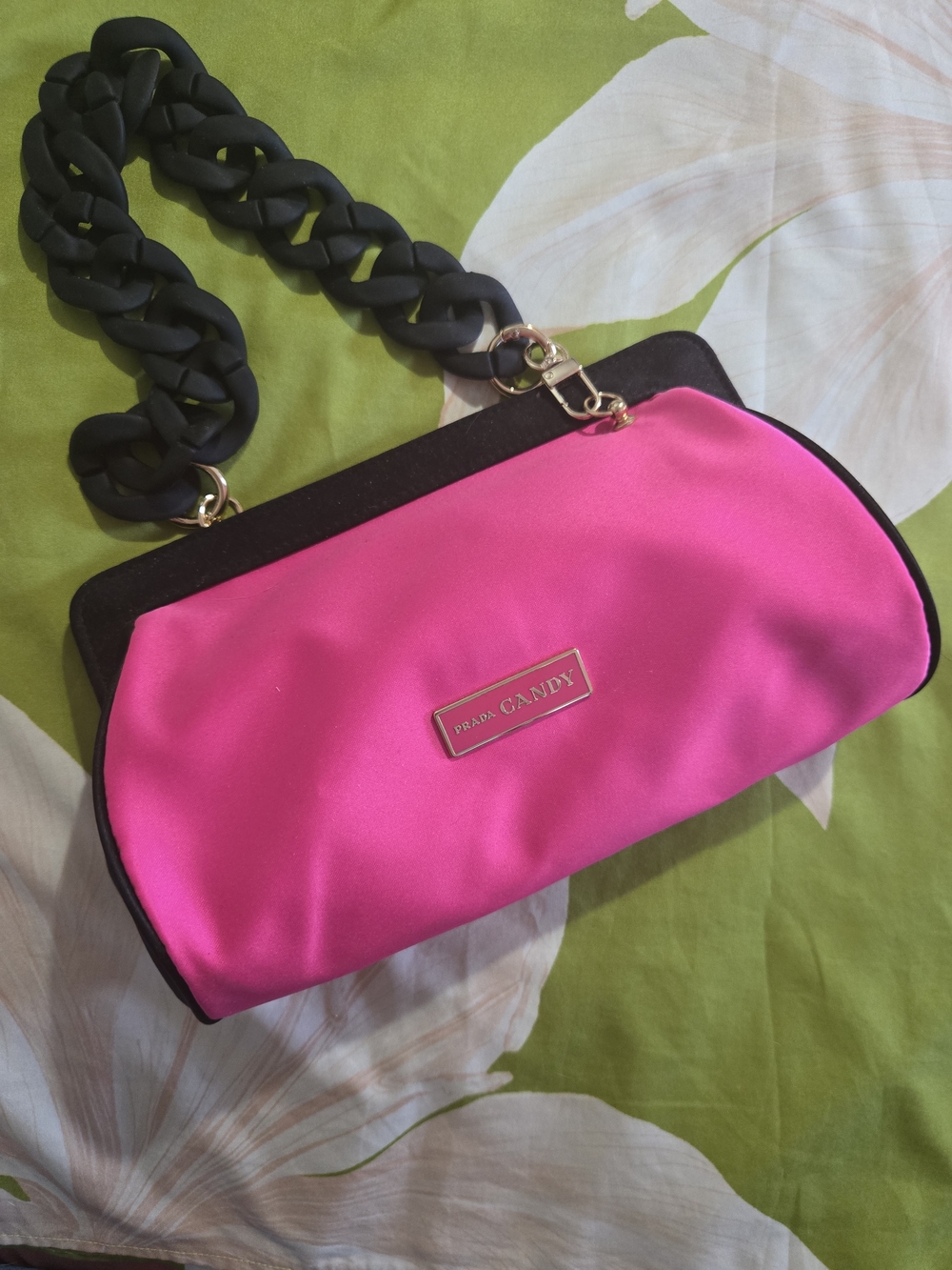 Prada Candy Hot Pink Satin Clutch with Black Chain Strap